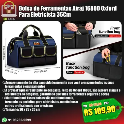 Bolsa de Ferramentas Airaj 1680D Oxford para Eletricista 36Cm
