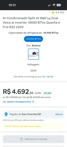Ar condicionado 19000 BTUS