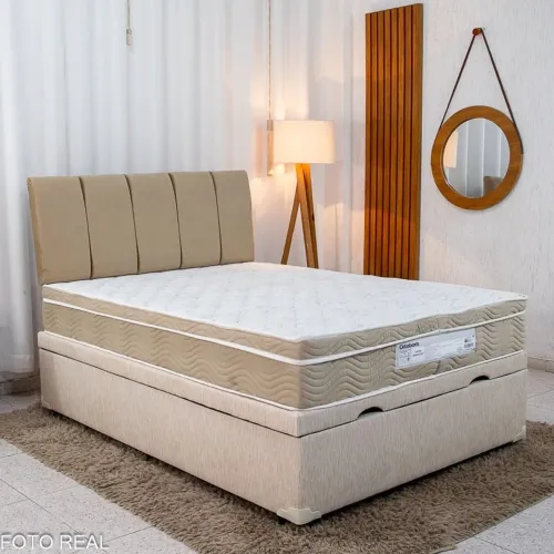 Colchão Casal Ortobom + Base Bau Linho Palha + Cabeceira Slim OFERTA rf87