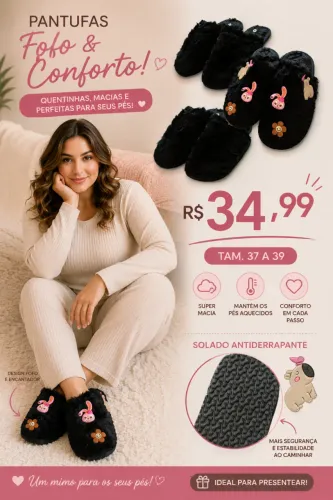 Pantufas forradas pretas tam 37 a 39 