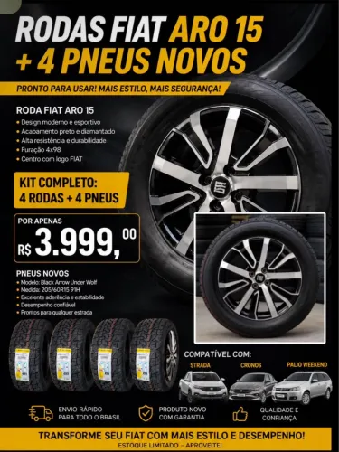 Rodas 15  Fiat strada,Argo,palio,cronos,uno + pneus novos 