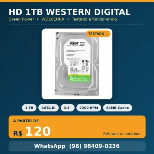 HD 1TB Western Digital WD10EURX - Testado e Funcionando - R$120