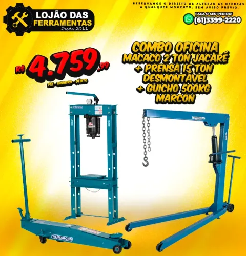 Macaco 2 Toneladas Jacaré + Prensa 15 Ton Desmontável + Guicho 500Kg Marcon