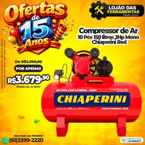 Compressor de Ar 10 Pés 150 litros 2Hp Mono Chiaperini Red