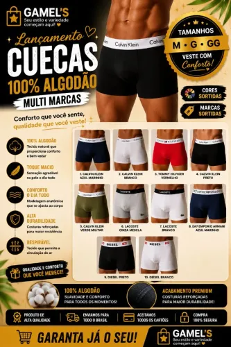 Cueca 100% Algodão - Kit com 03 unidades