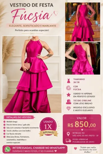 Vestido de Festa Longo Fúcsia em Zibeline - Tam. 36/38 - Usado 1x ?