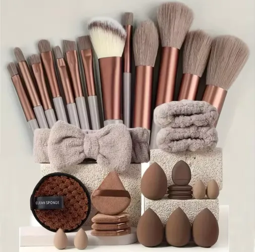 Kit Maquiagem 33 Peças Com Pincéis + Beauty Blender Marrom