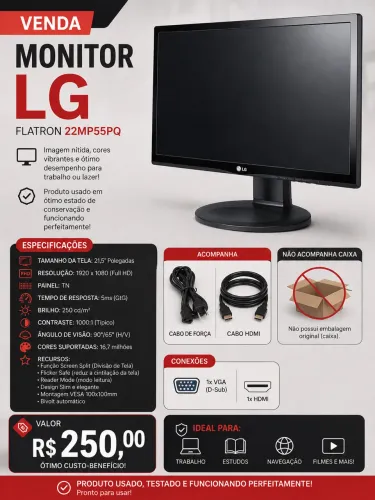 MONITOR LG 21.5 POL. LED IPS FULL HD 5MS PRETO, 22MP55PQ