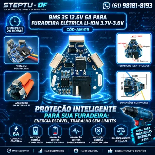 Bms 3s Para Furadeira Elétrica 12.6v 6a Li-ion 3.7v-3.6v Arduino Automação COD-AM419