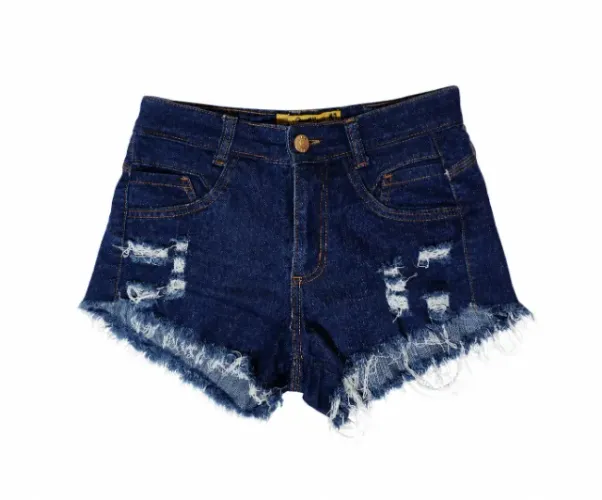Short jeans azul escuro desfiado feminino