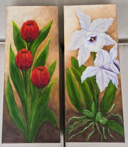 Par De Quadros Pintura Em Tela Florais Orquídea E Tulipas 20x50cm