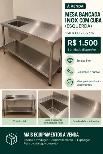 Mesa pia profissional Aço Rio em inox - cuba esquerda - 150 × 60 × 85 cm