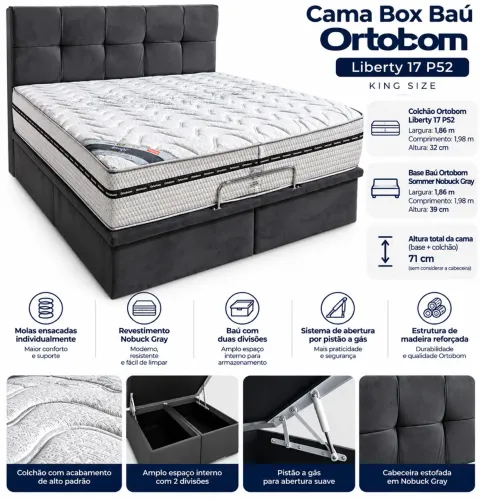 Cama King Size Ortobom Completa - Box Baú + Colchão + Cabeceira + PilowTop