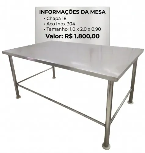 Mesa Inox Chapa 18, Aço Inox 304 1x2x0,9