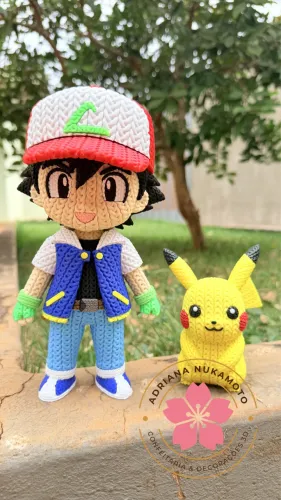 Ash Ketchum e Pikachu decorativo estilo crochê 3D Action Figure Pokémon 