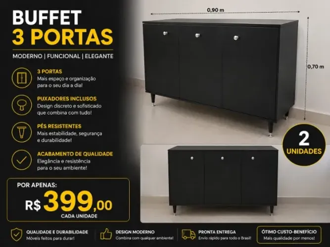 Buffet preto 3 portas com puxador e pés