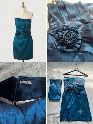 Vestido de Festa Curto Cai-Cai Tafetá Azul Petróleo com Flor + Echarpe / Estola.