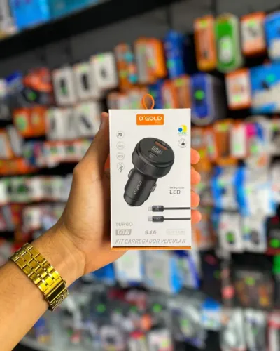 KIT CARREGADOR VEICULAR TURBO 60W GOLD TIPO C - LIGHTNING CJ12 ?R$ 44,99