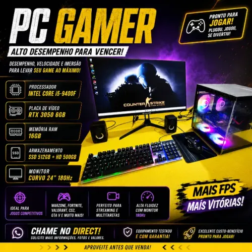 PC Gamer Core i5-9400F RTX 3050 16gb Ram Ssd 512gb Hd 500 Tela Curva 24