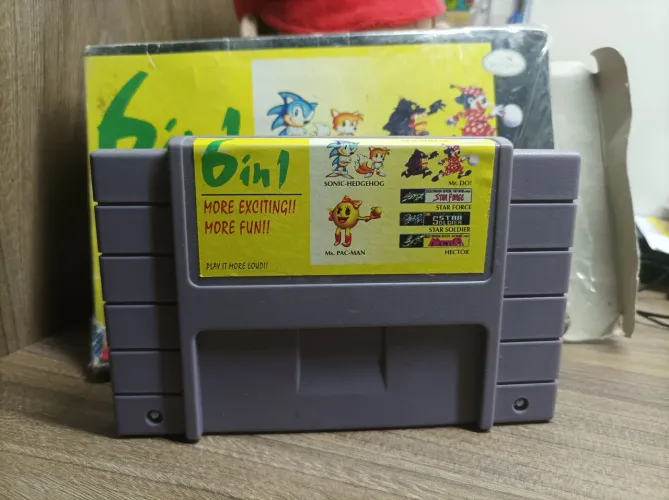 Cartucho super Nintendo 6x1 paralelo de época com caixa
