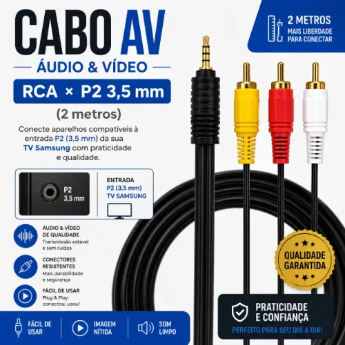 Cabo AV (áudio & vídeo) RCA × P2 3,5 mm (2 metros) p/ TV Samsung