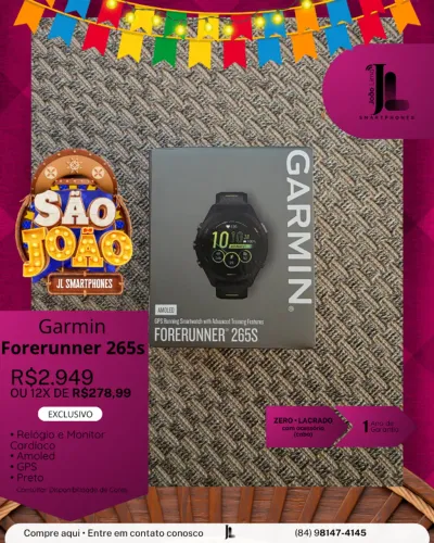 GARMIN FORERUNNER 265S, PRETO, LACRADO, EXCLUSIVO!