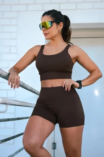 Conjunto Fitness Top + Short c/ Bolso Thays Poliamida - Marinho, Espresso, Uva - Tam P, M