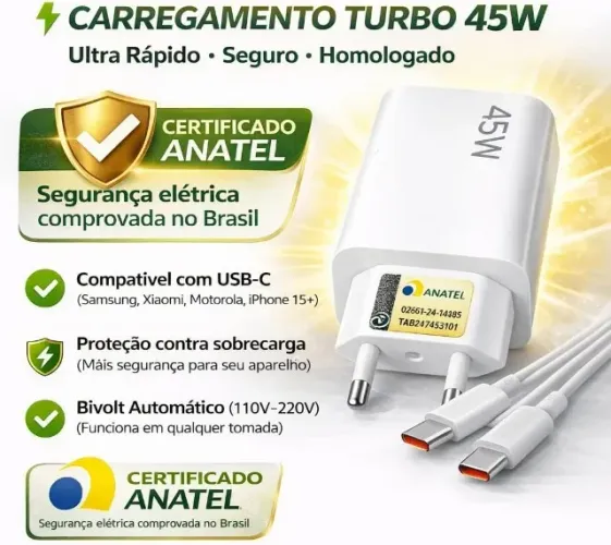 Carregador Universal Super Turbo 45W - 2 Saídas USB-C e USB-A, acompanha Cabo Emborrachado
