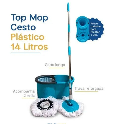 Mop 360° Cesto Plástico 14L - 2 Refis - Cabo Reforçado 1,5M