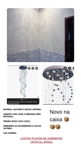 LUSTRE PLAFON DE SOBREPOR CRYSTAL ESPIRAL - NOVO NA CAIXA