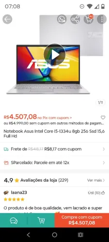 NOTEBOOK ASUS I5 DÉCIMA TERCEIRA GERAÇÃO,8 GB DE RAM, SSD 256, TELA GRANDE 15.6