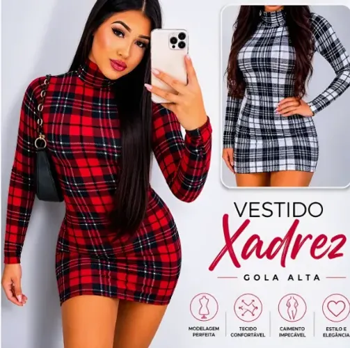 Vestido Xadrez Curto Suplex Manga Longa Gola Alta Cacharrel