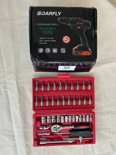 Parafusadeira e Furadeira Sem Fio SOARFLY + Kit de Soquetes 46 Peças
