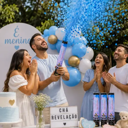 Lança Confete Revelação Azul Papel E Pó Kit 3 Unidades