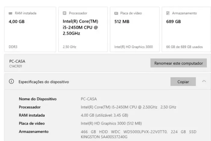 Notebook SIM+ i5-2450M COM SSD DE 240GB KINGSTON