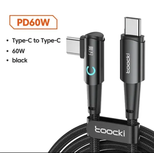 Cabo Turbo Power 60w Toocki 90° 1 metro Tipo C x Tipo C Led Apple Android