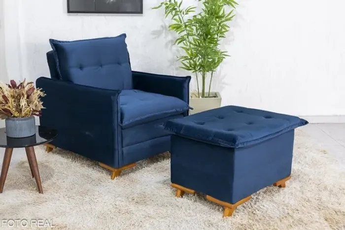 Poltrona Reclinável com Puff Rubi Azul Frete Grátis - Até 12x