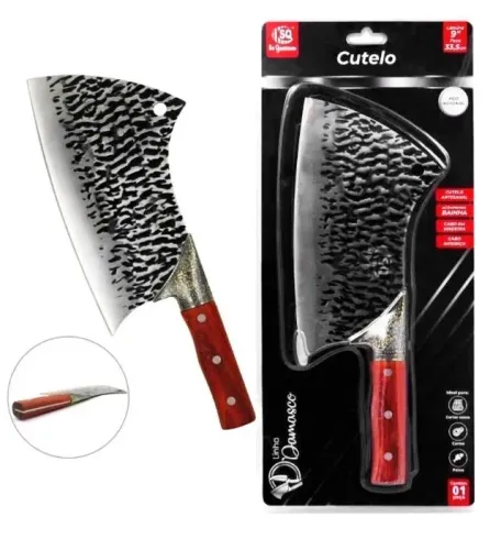 Cutelo Artesanal Lamina 9 Aço Inox Cabo Madeira com Bainha
