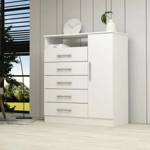 "Versatilidade e Elegância: Cômoda Madri com 5 Gavetas e Sapateira para Quarto Branco"