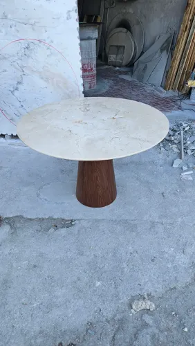Fabricamos base cone + tampo redondo 120cm mármore crema marfil 