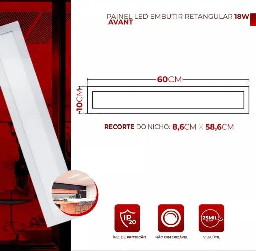 Painel LED Slim 18W Embutir 10x60cm Bivolt - Novo