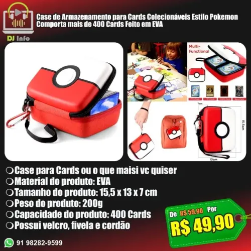 Case de Armazenamento para Cards Estilo Pokemon Comporta mais de 400 Cards Feito em EVA