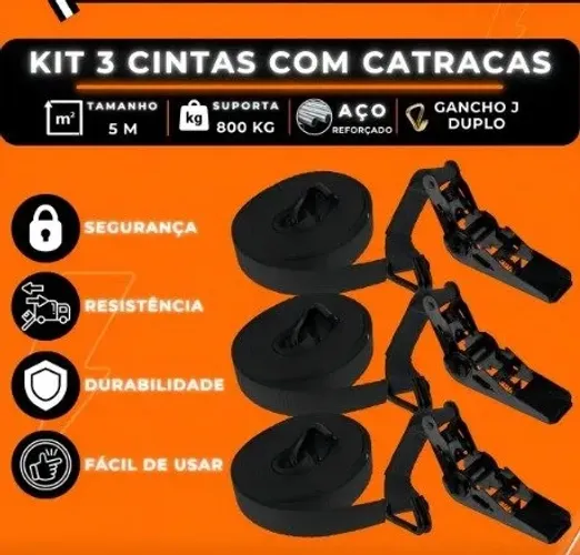 Kit 3 Cintas Catraca 800kg 5 Metros Para Amarração Cargas Pesadas Cargas Soltas
