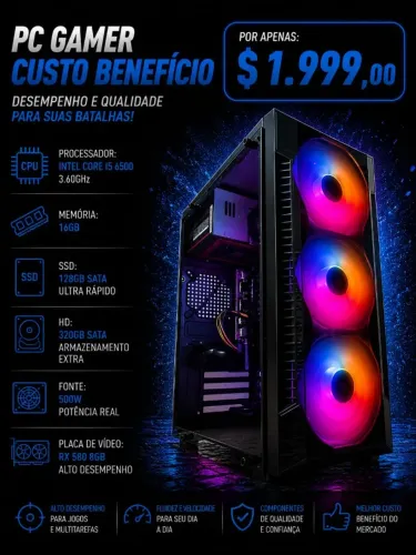 PC Gamer Core i5 6500 3.6Ghz / Mem 16Gb / SSD 128Gb+HD 320Gb / RX 580 8Gb (aceito cartão)