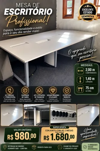 MESA DE ESCRITÓRIO DUPLA COM CALHAS E TOMADAS