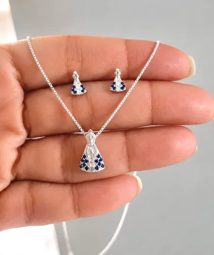 Conjunto Nossa Senhora cravejado Prata italiana 925