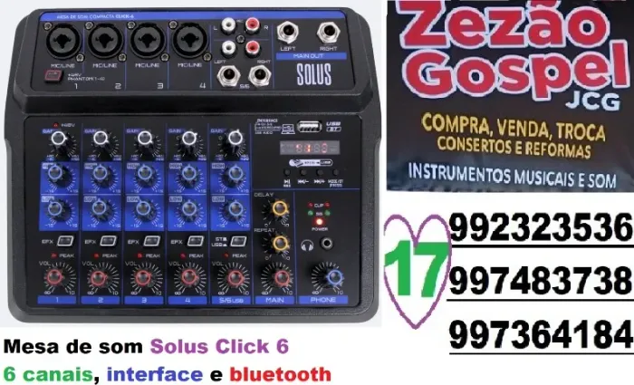 Mesa de som Solus Click 6 com 6 canais, interface e bluetooth