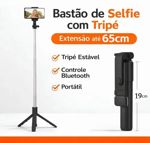 Tripé portátil profissional com controle remoto, compatível com telefones celulares.