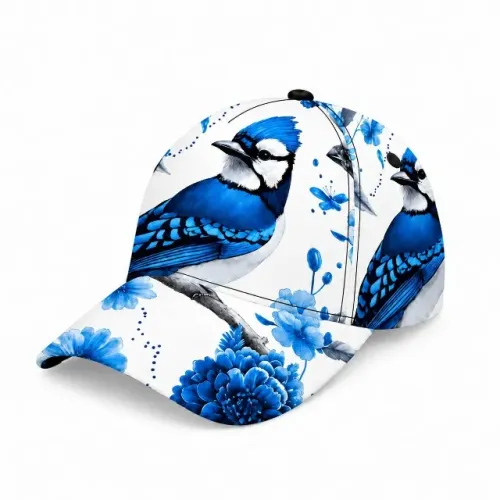Boné Unissex Estampado Pássaro Azul Floral Ajustável Aba Curva