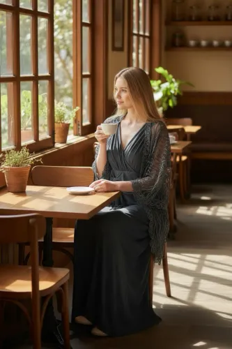 Vestido Longo Cinza-Chumbo com Xale de Renda